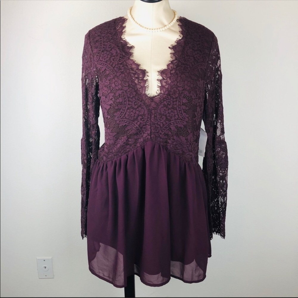 SOLD ❗️Tobi Merlot Lace Bell Sleeve Dress